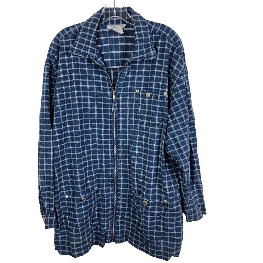 VICTORIA JONES WOMAN Denim Style Plaid Shacket Shirt Jacket Zip Up Size X